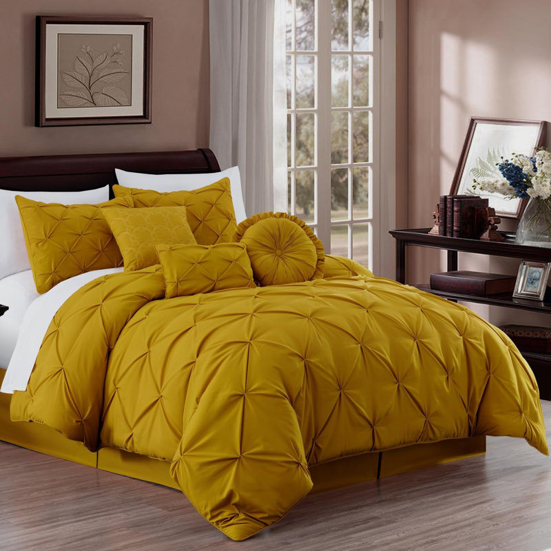 Ensemble d'édredon en microfibre 7 pièces Sydney Pintuck, Édredon de très grande taille et 6 pièces suppl, Jaune moutarde
