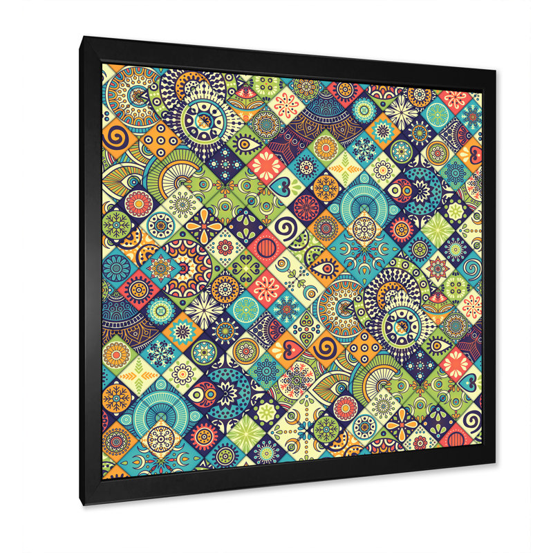 «Ethnic Floral Geometrics», impression sur toile, H 17,5 po x l 17,5 po x P 1 po, Cadre noir