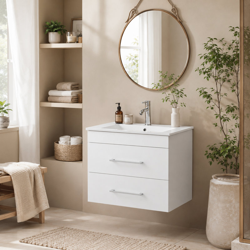 Ensemble de meuble-lavabo mural 24 po avec lavabo intégré en céramique, blanc