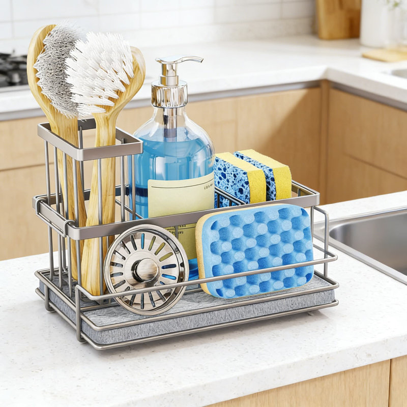 Organisateur de chariot d'évier en acier inoxydable avec tapis de séchage instantané et porte-brosse amovible - Support à éponge de cuisine à 3 compartiments pour le rangement sur le comptoir