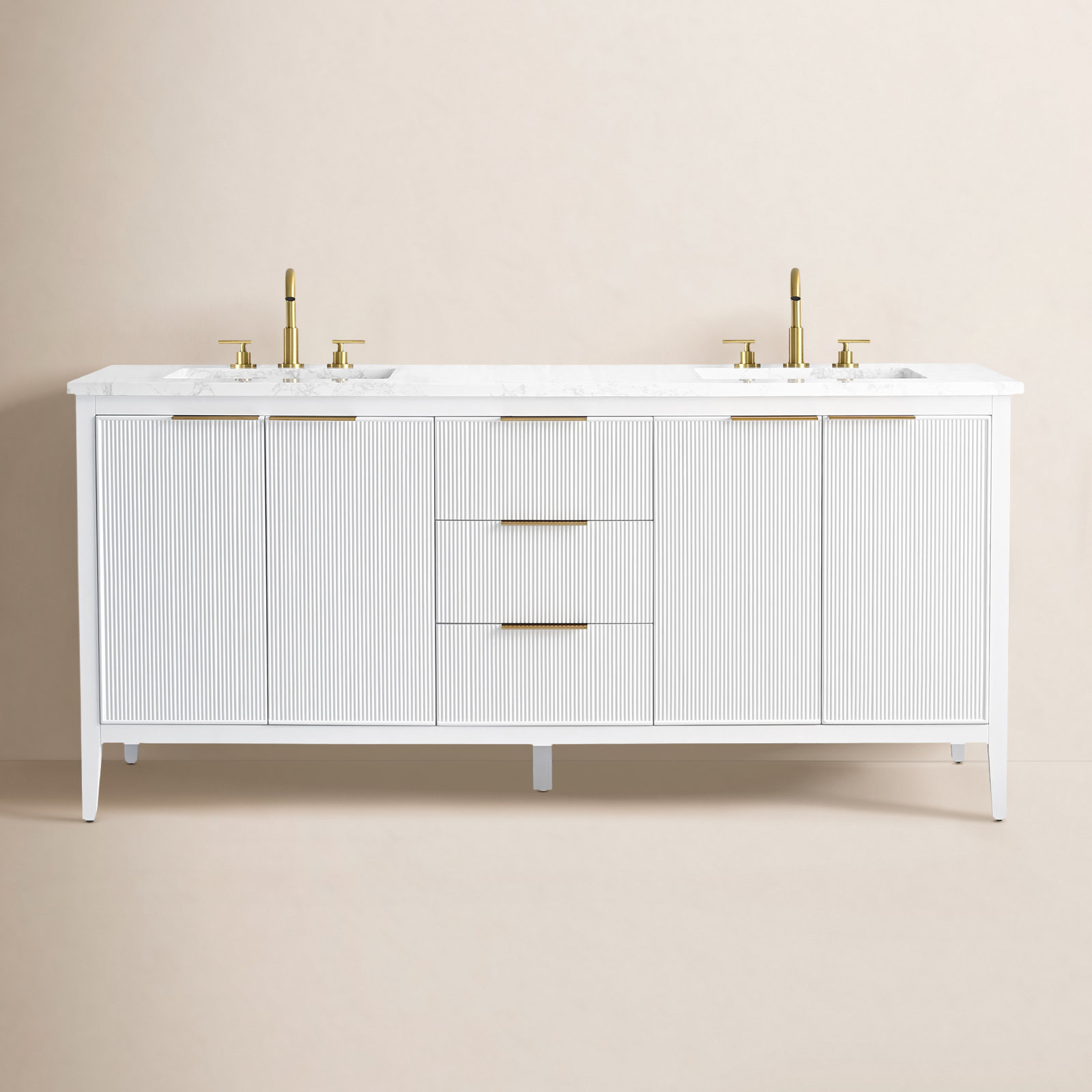 Bilroy 72" Pine Double Bathroom Vanity, White/Brushed Bronze