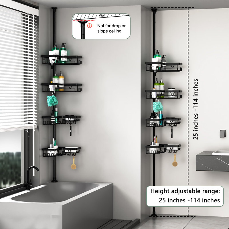 Corner Shower Caddy Tension Pole - 4 Tier Stainless Steel Rustproof Shower Corner Caddy