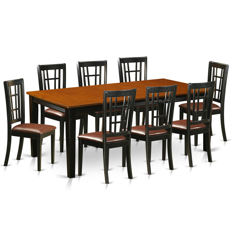 9 Piece Kitchen Table & Chairs Set Includes a Rectangle Dining Room Table with Butterfly Leaf and 8 Faux Leather Chairs, Black & Cherry