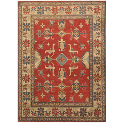 Tapis de zone en laine rouge/beige 6 pi 4 po x 9 pi 1 po one-of-kind à la main noué la kazak Albertslund