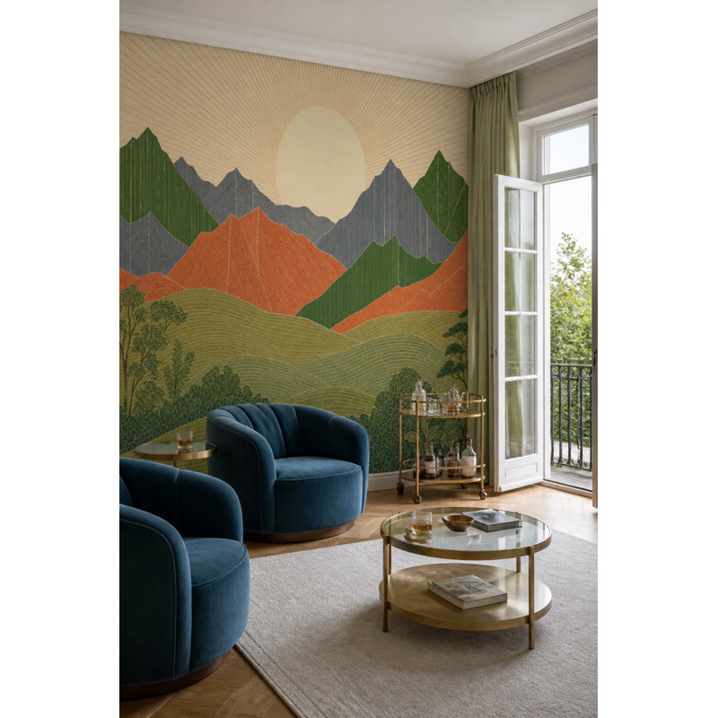 Décoration murale de montagne de style moderne du milieu du siècle, paysage scandinave de lever de soleil, 180"x120"