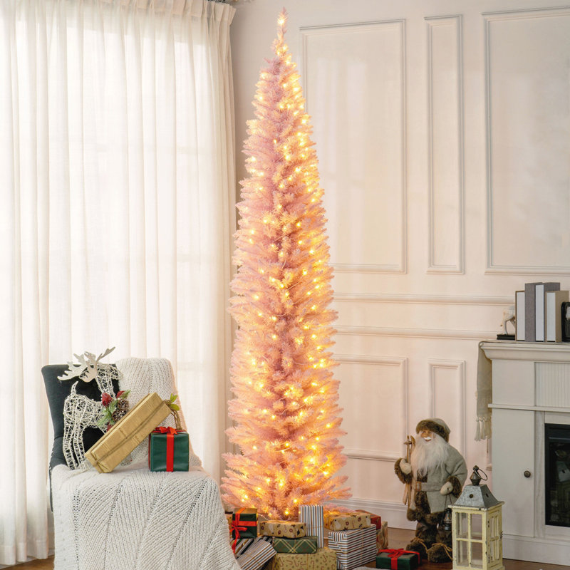 Sapin de Noël artificiel mince de 8 pi de hauteur avec 300 lumières DEL blanc chaud et 618 pointes, rose