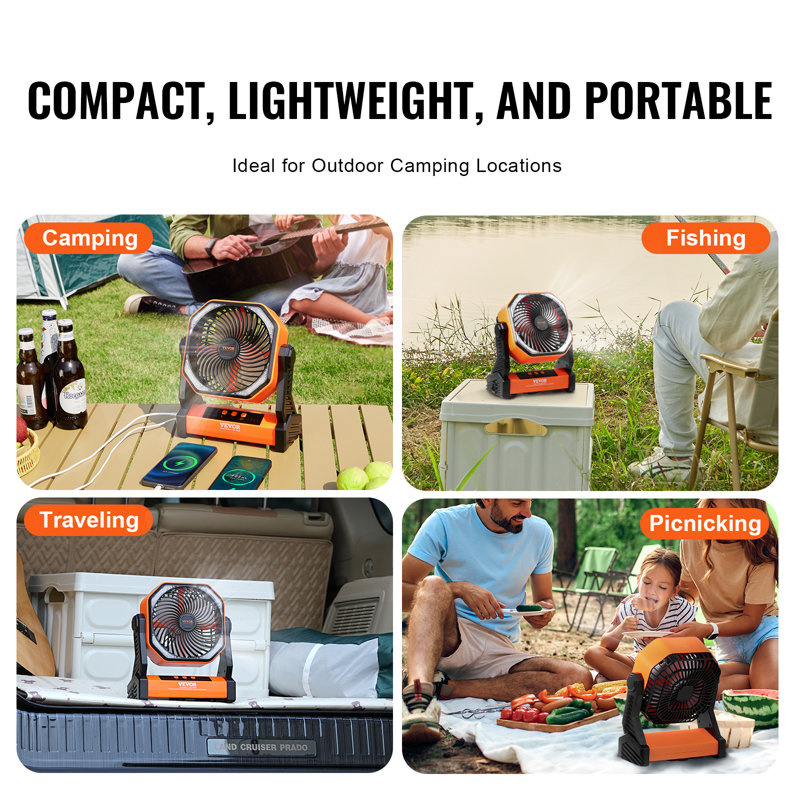 VEVOR 8-Inch Orange Rechargeable Desk Fan with LED Lantern