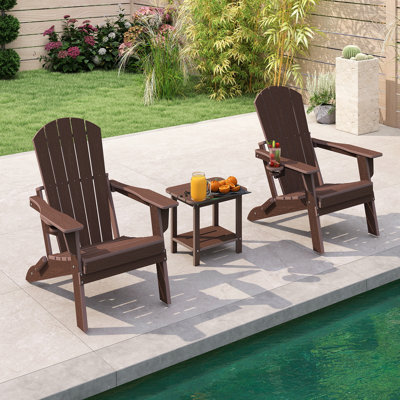 3-piece Hdpe Adirondack Chair Set With 2-tier Side Table – Foldable Outdoor Lounge Chairs With Cup Holders, All-weather Poly Lumber Patio Furniture For Garden, Porch & Poolside