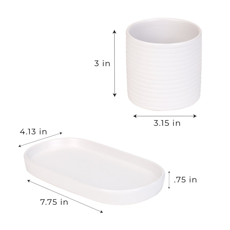 White Ceramic Soap Pump and Brush Set with Tray