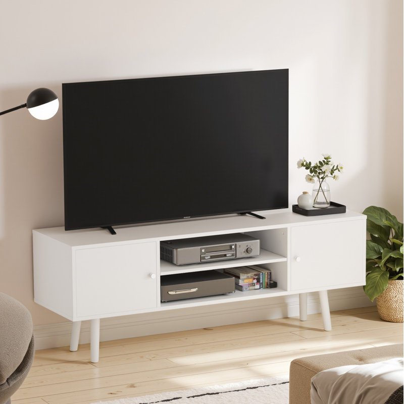 Jakerra 53" TV Stand, Modern Entertainment Center with Power Outlets and Adjustable Shelf, White, 19.7"H x 15.7"L x 53.1"W