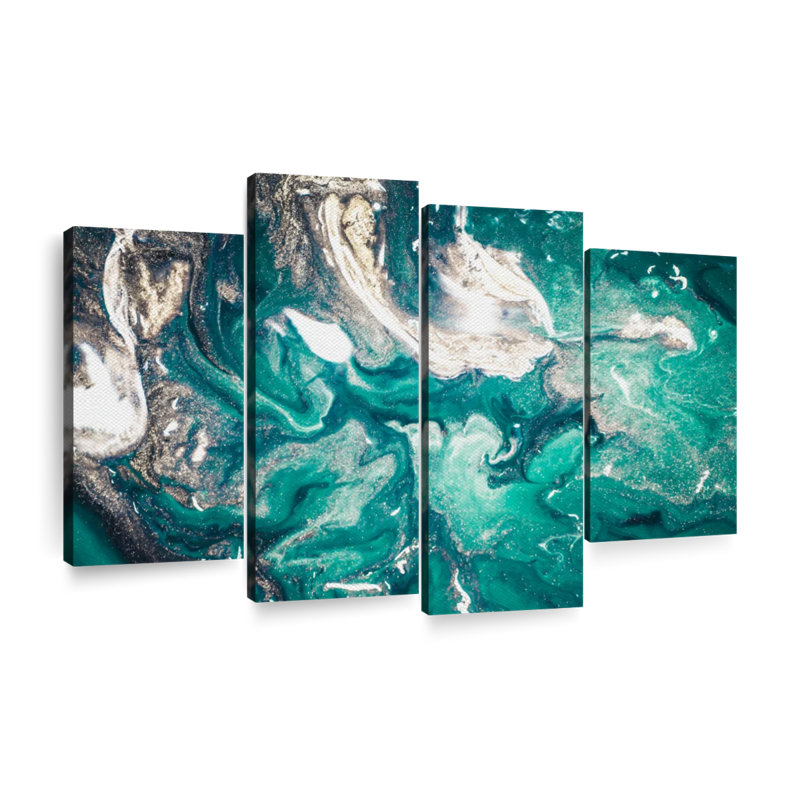 Abstract Abstract Teal On Canvas 4 Pieces Set, 32" H x 52" W x 1.25" D
