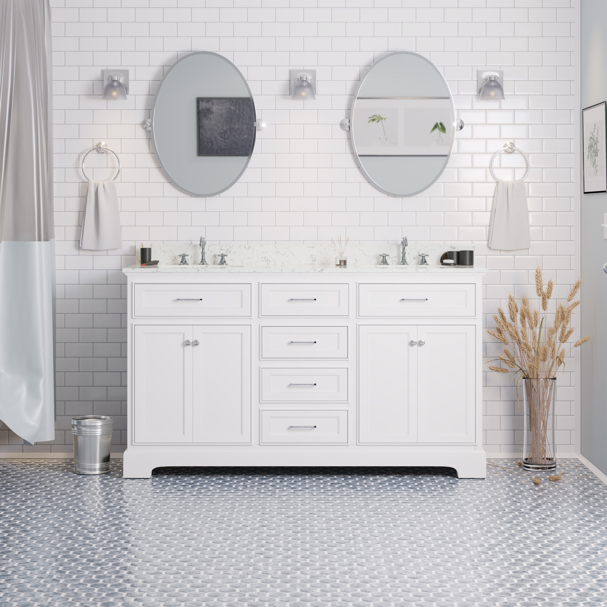 Ronnie 60'' Double Bathroom Vanity, White, Engineered Marble
