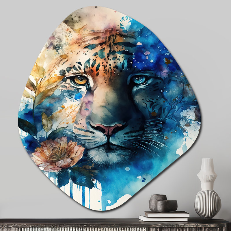 Portrait de tigre avec fleurs II - reproduction d'art asymétrique en tigre sur métal, sculpture murale, H 28 po x l 25 po