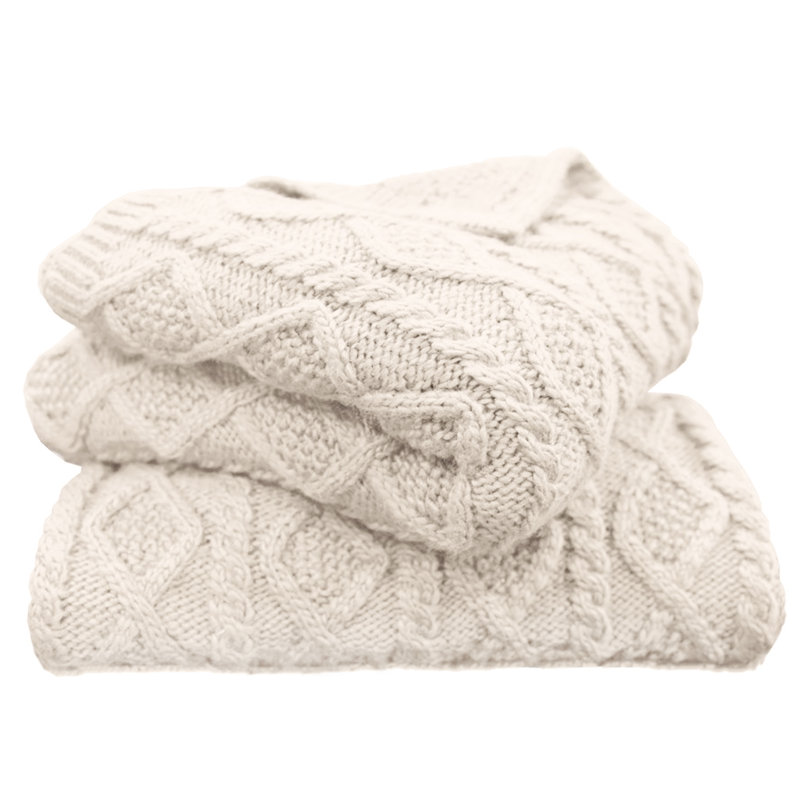 Cream Cable Knit Wool Blend Throw Blanket with Diamond Pattern