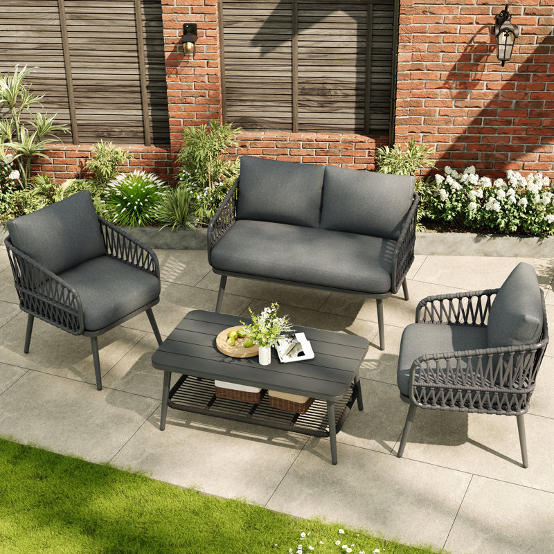 4-piece Outdoor Patio Set With Plastic Wood Table & Rope Storage, Loveseat + 2 Armchairs, Grey, Grey