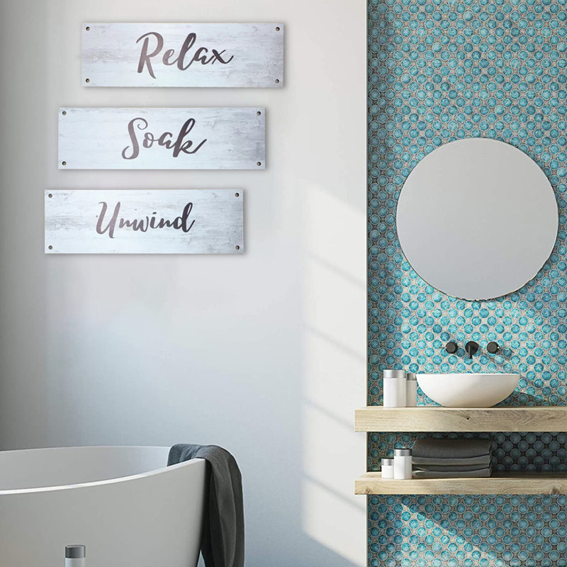 Ensemble de 3 pièces d'art textuel sur bois rustique pour salle de bain