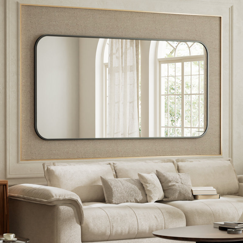 Jyun Safely Rounded Rectangle Metal Bathroom Mirror, Matte Black, 30" x 60"