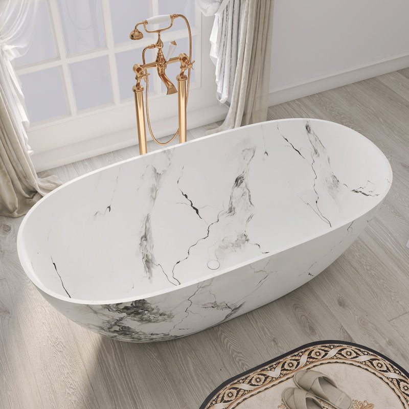 63" Freestanding Bathtub Solid Surface Freestanding Soaking Tub, White
