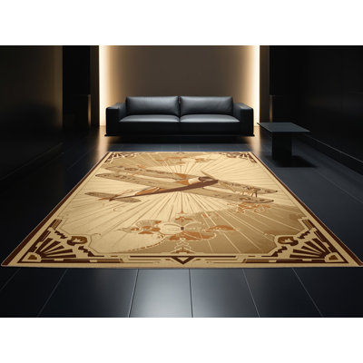 Tapis oriental vintage lavable à la machine Mendon Classic Biplane - reliure beige