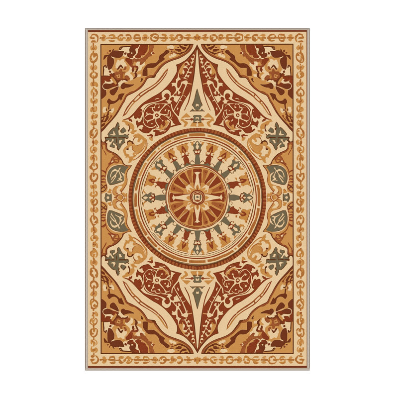 Machine Washable Orlena Bohemian Block Print Rug in Brown – Beige Binding, 5 x 8