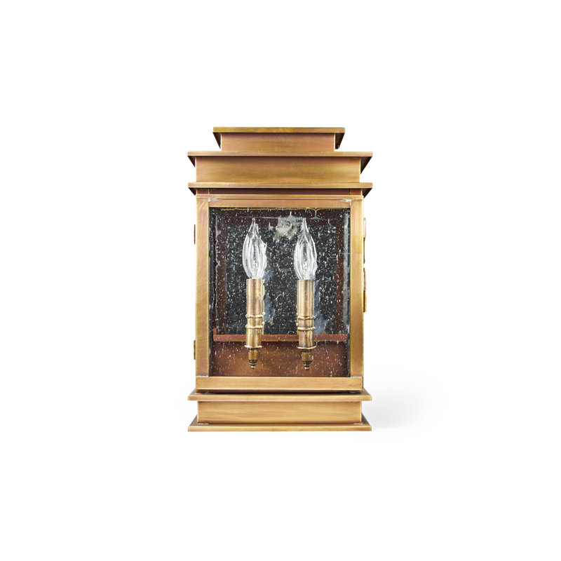 Lanterne murale d’extérieur 2 ampoules empire, Laiton antique, Verre puceux transparent, H 15,5 po x l 9,25 po x P 5,75 po