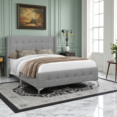 Tanisha Gray Linen Upholstered Bed with Metal Legs In Queen Size, 49.36'' H X 65.89'' W X 87.77'' L