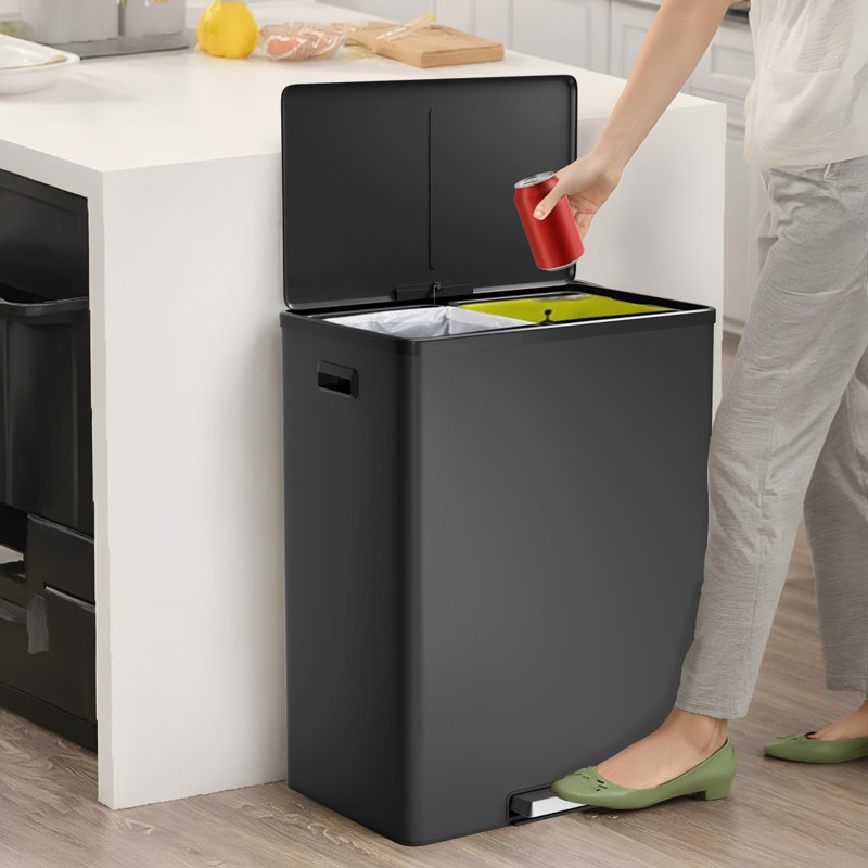 Poubelle à double compartiment 16 gallons / 60 litres, poubelle en acier inoxydable avec double seau intérieur amovible, poubelle à marches, bac de recyclage rectangulaire avec couvercle à fermeture en douceur pour la cuisine, noir