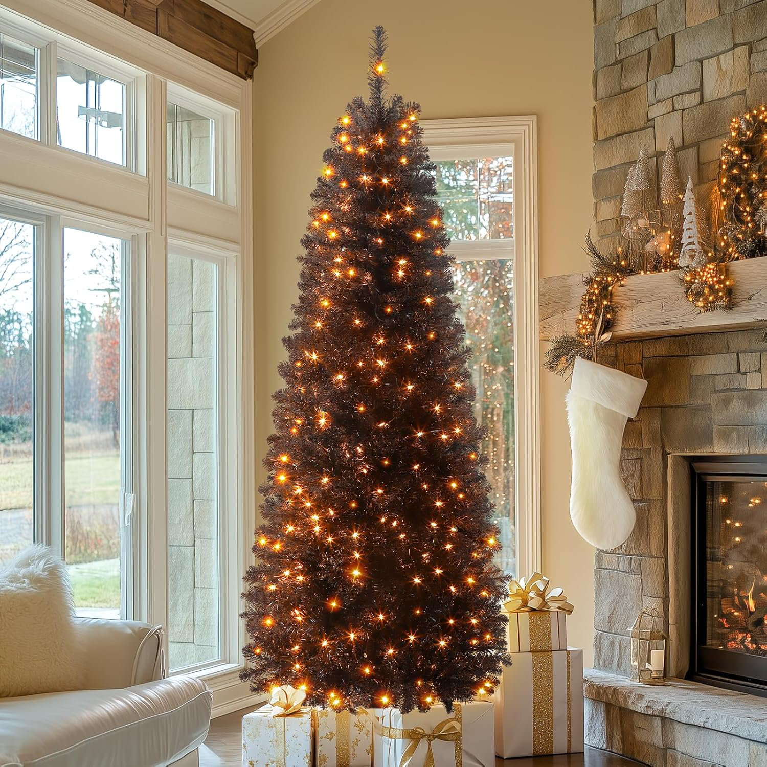 Prelit Slim Pencil Christmas Tree, Warm White LED Lights, Full Branch Tips, 6.5', Green