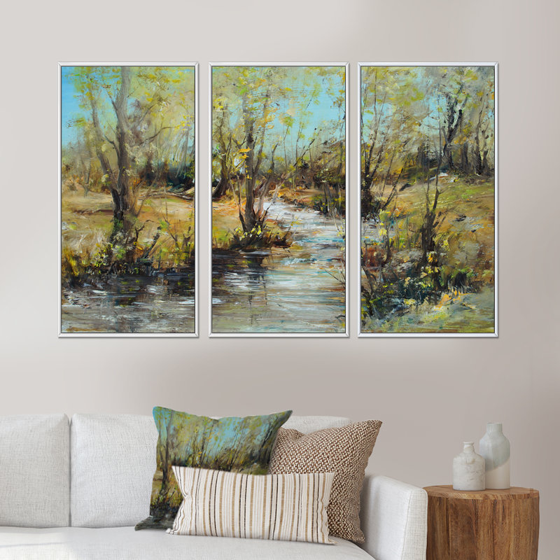 Ruisseau et bois, ensemble de 3 peintures à l'huile sur toile encadrées, H 32 po x l 48 po x P 1 po, Blanc