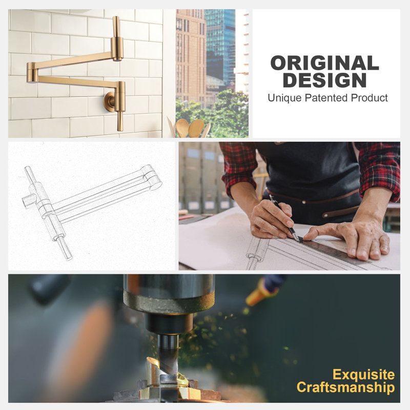 Brushed Gold Wall Mount Pot Filler with Double Joint Swing Arm