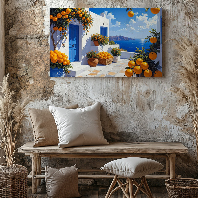Art méditerranéen, rue orange, village côtier sur toile, H 30 po x l 40 po