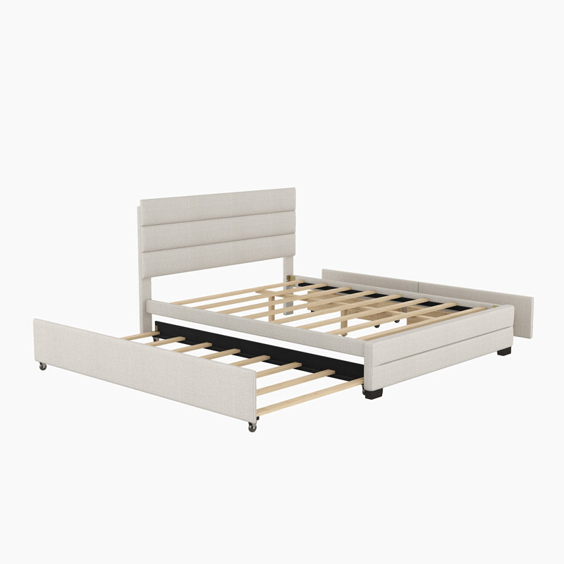 Ketilelf Kids Queen Platform with Trundle with Drawers, Beige