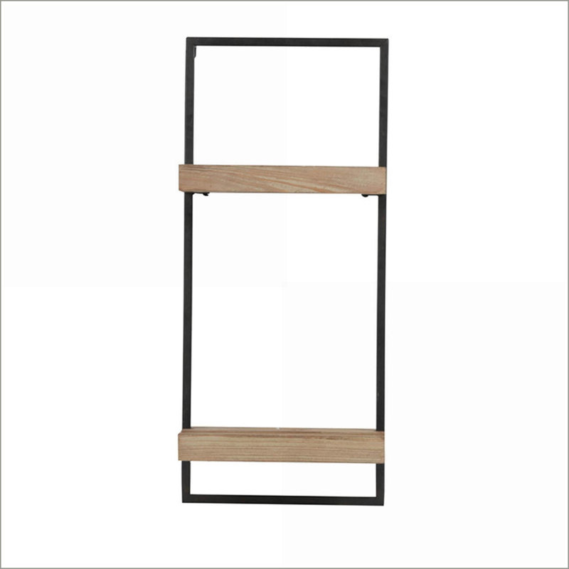 Étagère murale industrielle à 2 niveaux, structure en fer et bois de sapin avec rainures en plaques, 12 po x 6 po x 27 po | Fer | Noyer brun
