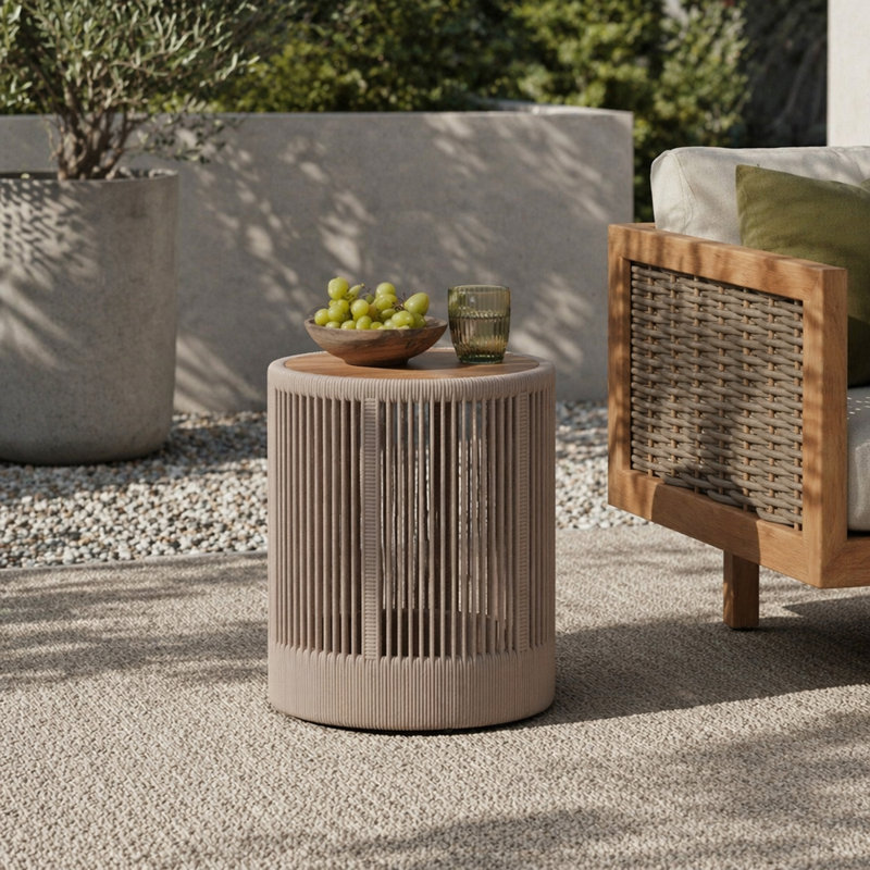 Table d'appoint d'extérieur en corde de rotin et bois d'acacia - Mobilier de balcon pour le jardin, la cour et le balcon
