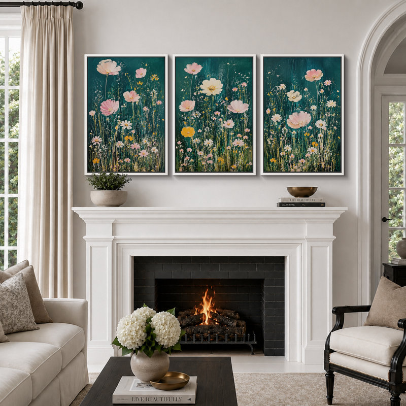 «Teal Wildflower Meadow», art de chambre à coucher, reproduction d'art sur toile encadrée, 36" H x 72" W x 1.5" D