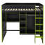 Lit mezzanine double en bois avec bureau, garde-robe ouverte, compartiments de rangement et lumières RVB, vert