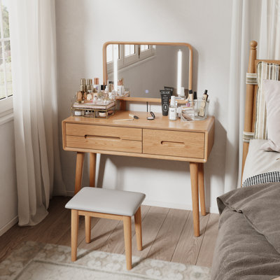 Meuble-lavabo en bois massif, miroir amovible, éclairage réglable, équipé de trois tiroirs