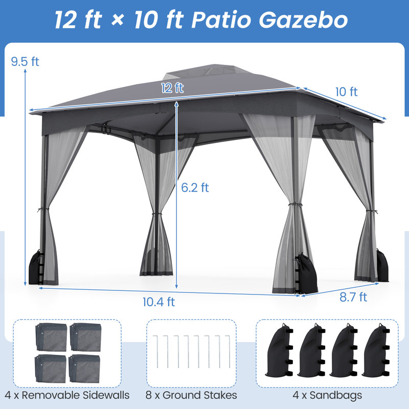 Patio Gazebo with Netting Walls 4 Sandbags Zippered Doors Outdoor, Gray, 114" H x 144" W x 120" D