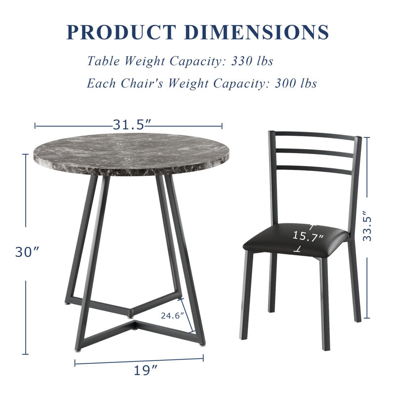 3-Piece Round Wood Dinette Set for 2 with Upholstered Chairs & Steel Frame, Black, Black, Gray