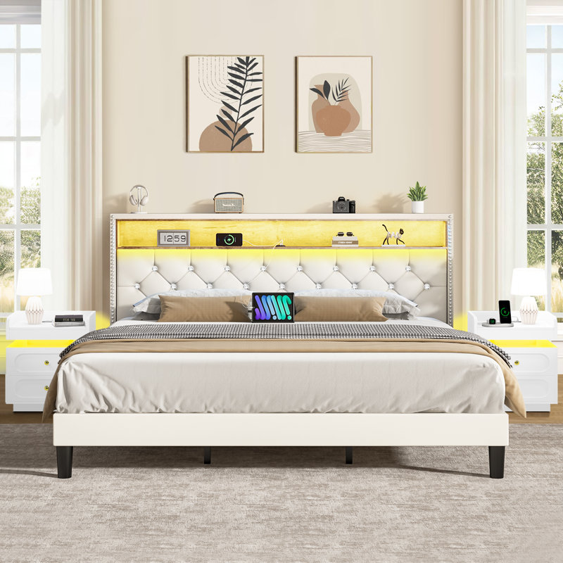 Lit plateforme avec tête de lit et lumières DEL, équipé d'une table de bout moderne pour l'ensemble de chambre à coucher 9