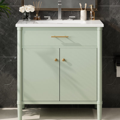 Meuble-lavabo de 31 po avec lavabo, profil incurvé, portes d'armoire à fermeture en douceur, tablette de rangement réglable, poignées en or mat pour les petites et moyennes tailles