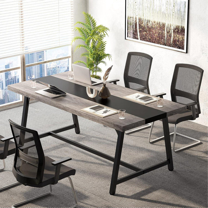 70,87 po, table de conférence rectangulaire moderne pour 6 à 8 personnes, bureau de direction avec structure en métal durable, grande surface de travail pour la collaboration entre la salle de conférence et l'équipe - gris et noir