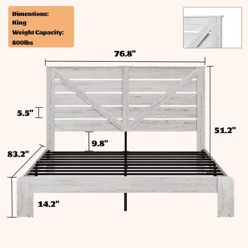Structure de lit plateforme en bois très grand, Blanc, Très grand lit