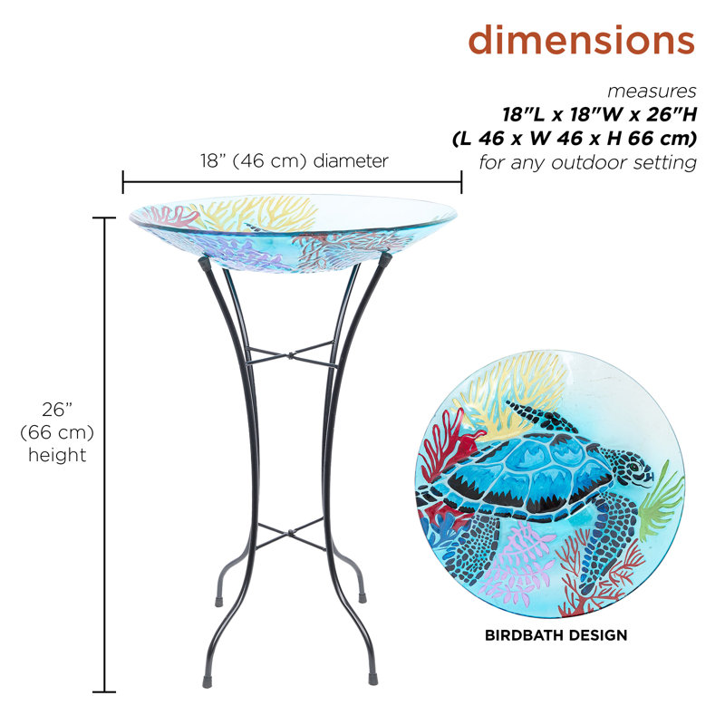 Bain d'oiseaux en verre 18 po avec tortue et support en métal