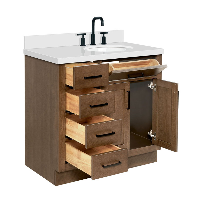 Meuble-lavabo simple en bois massif 36 po Tidworth avec plateau en quartz 1,5 po, Ovale, Oui, Chêne brun