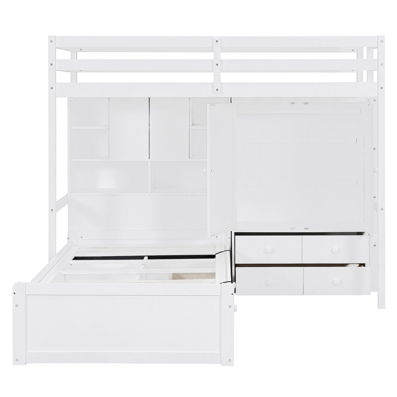 Lit superposé avec tiroirs, garde-robe, tablettes de rangement et lit hydraulique, Blanc
