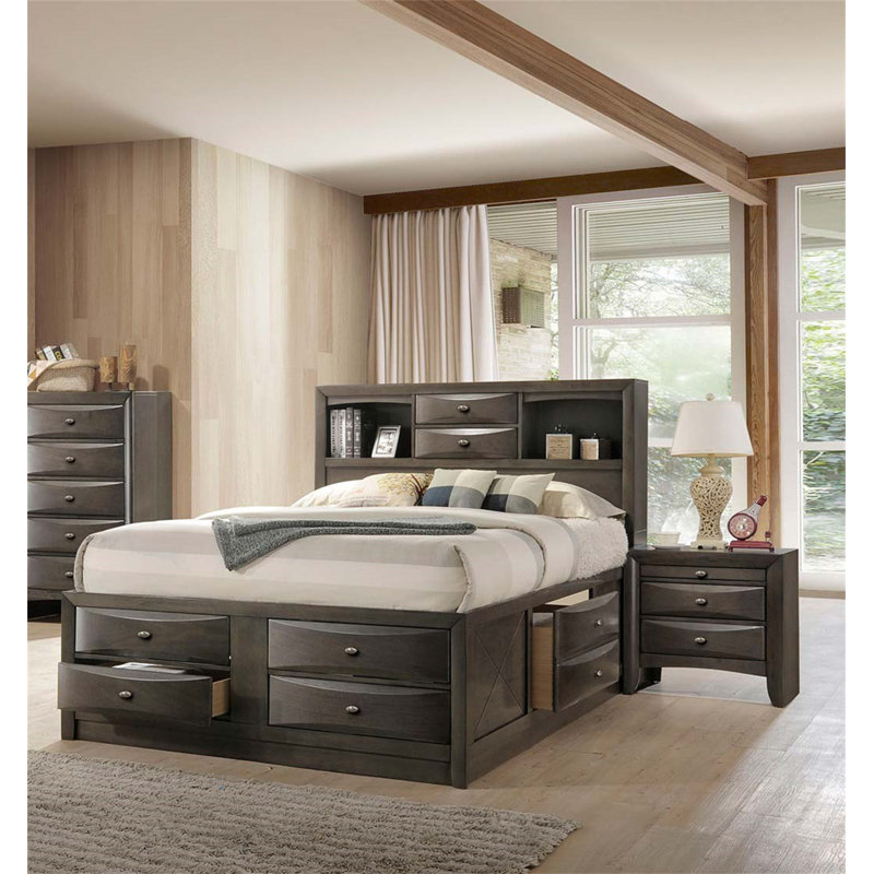 Contemporary Bed Set with Headboard Bookcase and Nightstands, Ideal for Functional and Stylish Bedroom Decor, Grey, Queen