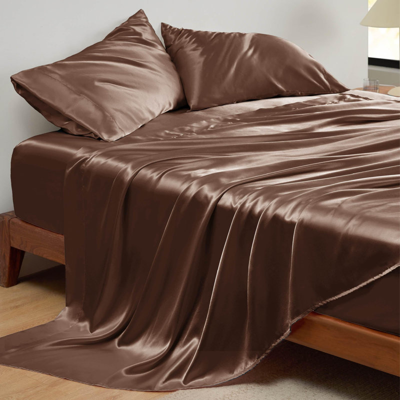 Bedsure Luxury Satin Sheet Set Queen Size - Ultra Soft 4-Piece Bed Sheets, 15" Deep Pocket (Queen, Coffee), Queen, Rawhide