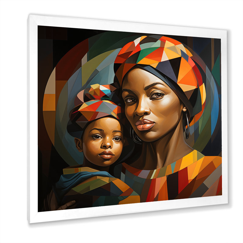 Orange orange, mère et enfant «Bond I» - Art mural africain, Cadre simple blanc, H 30 po x l 30 po x P 1,5 po