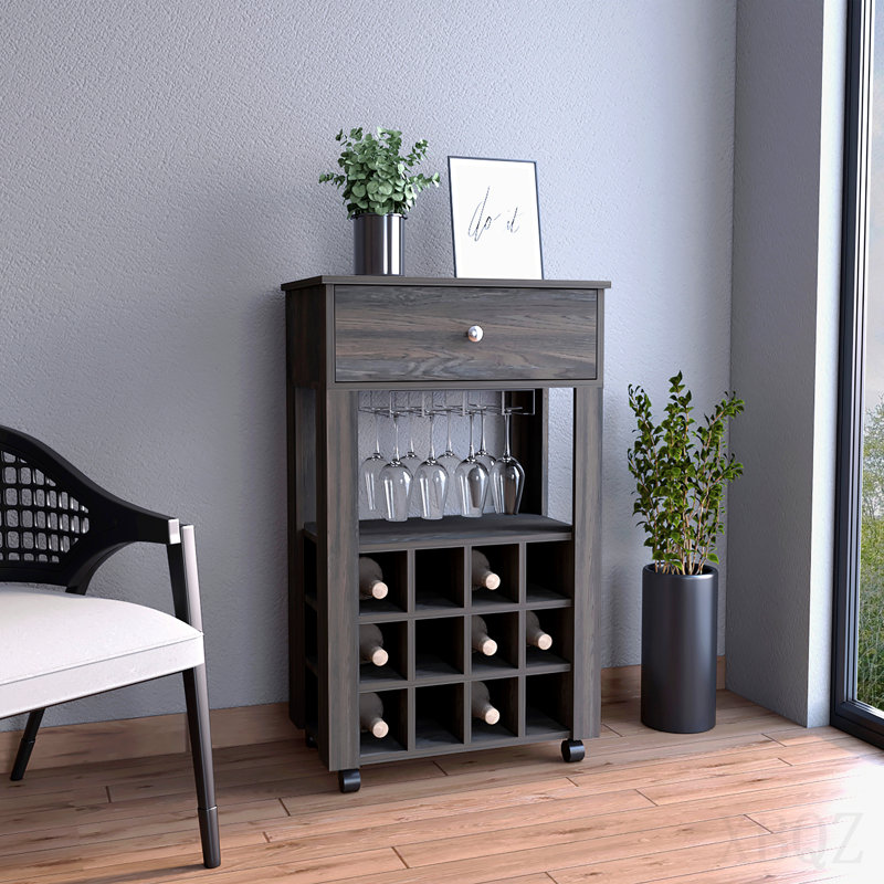 Bar Cart, Twelve Built-in Wine Rack, Four Legs, One Open Shelf - Espresso, Brown